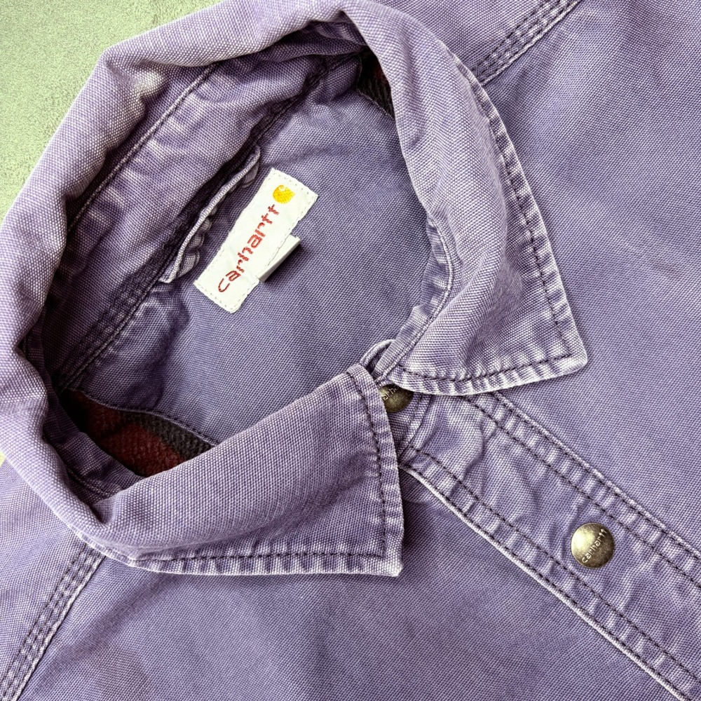 Carhartt Shirt Jacket Mens XL Blue Blanket Lined Button Snap Workwear Distressed - Picture 3 of 16
